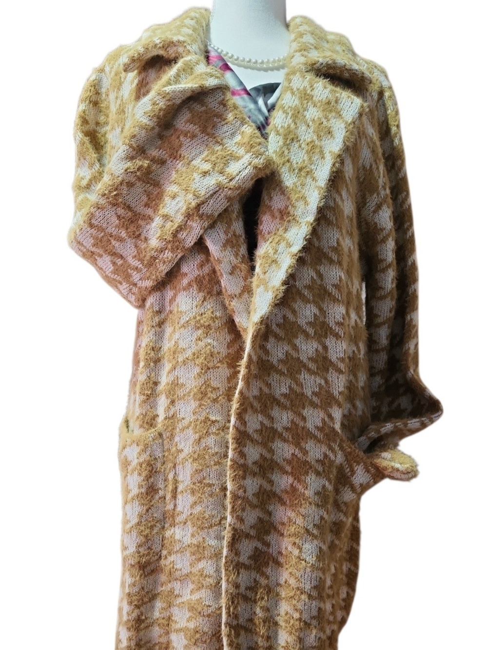Cozy Houndstooth Open-Front Women’s Sweater Coat - Mustard Cream